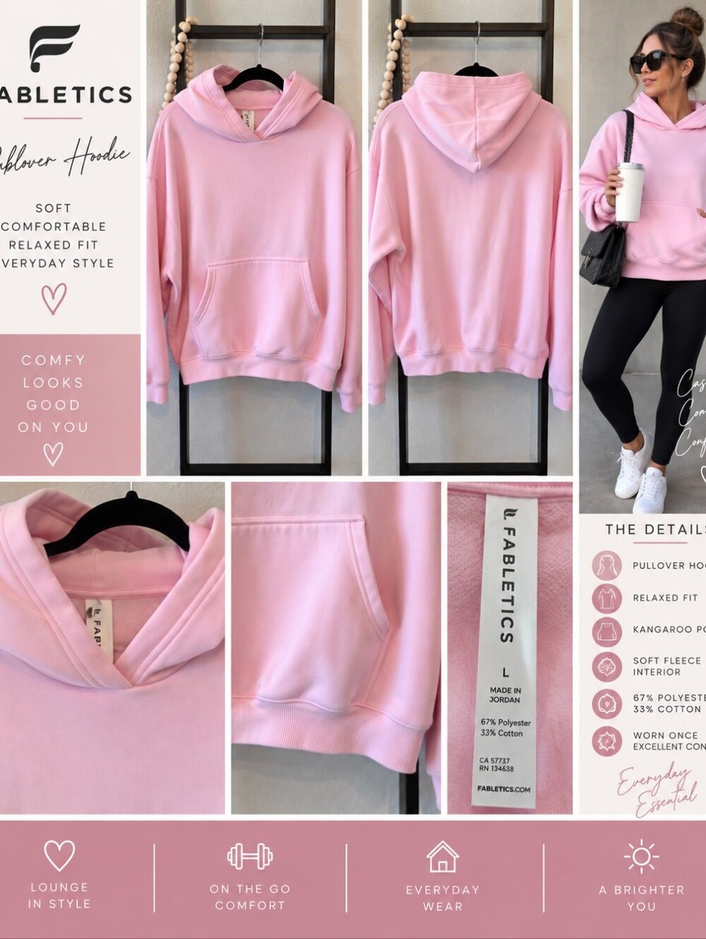 ✨ Fabletics Pink Pullover Hoodie – Size Large
